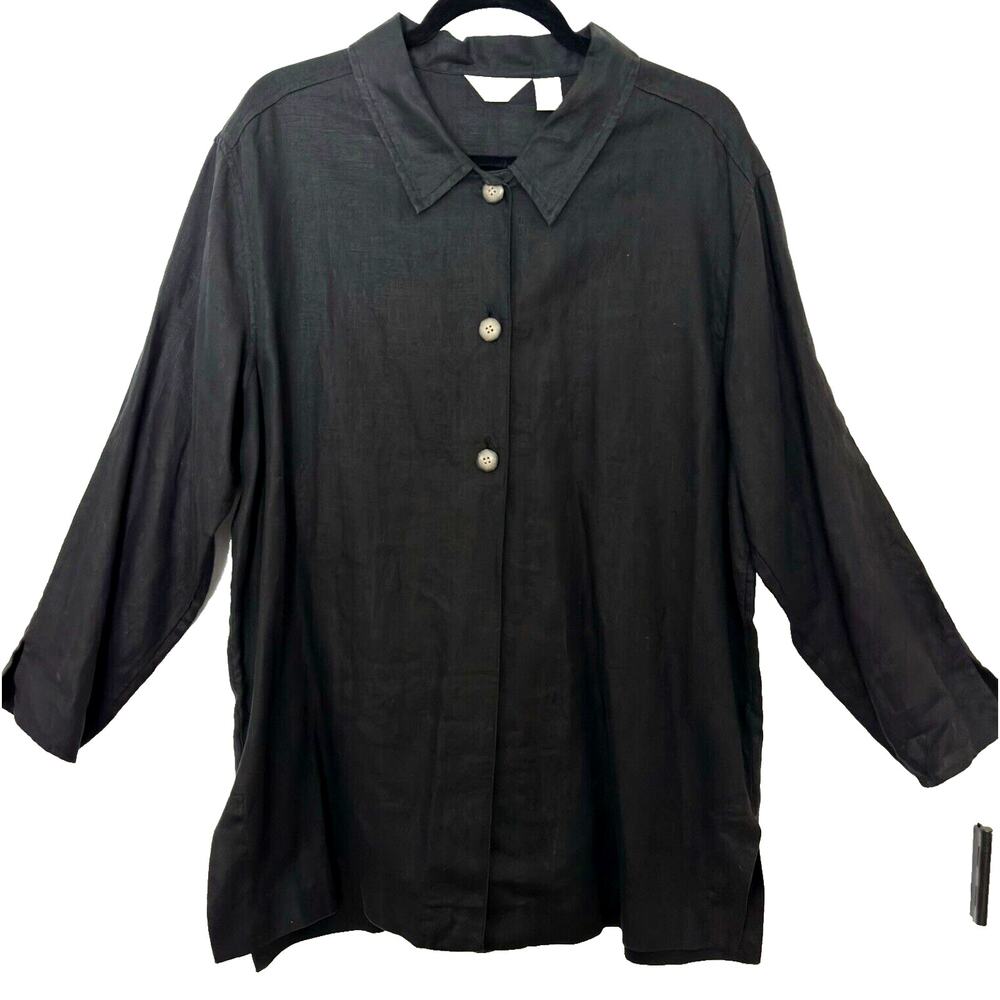 J Jill Linen Tunic 16P XL 3 Button Down Charcoal Black Euro Summer Coastal Lagen